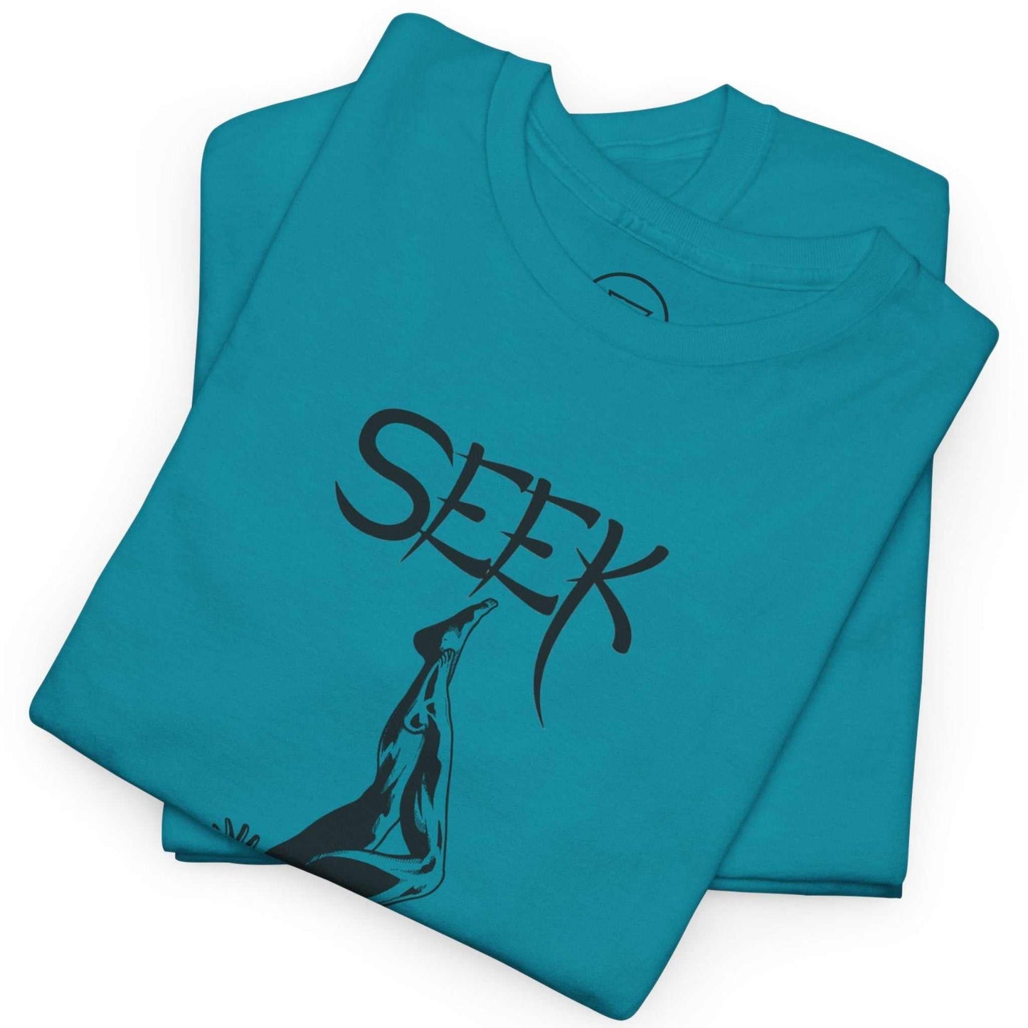 Neatly folded tropical blue scuba diving graphic tee showing the durable premium cotton fabric and the crisp black print, laid flat.