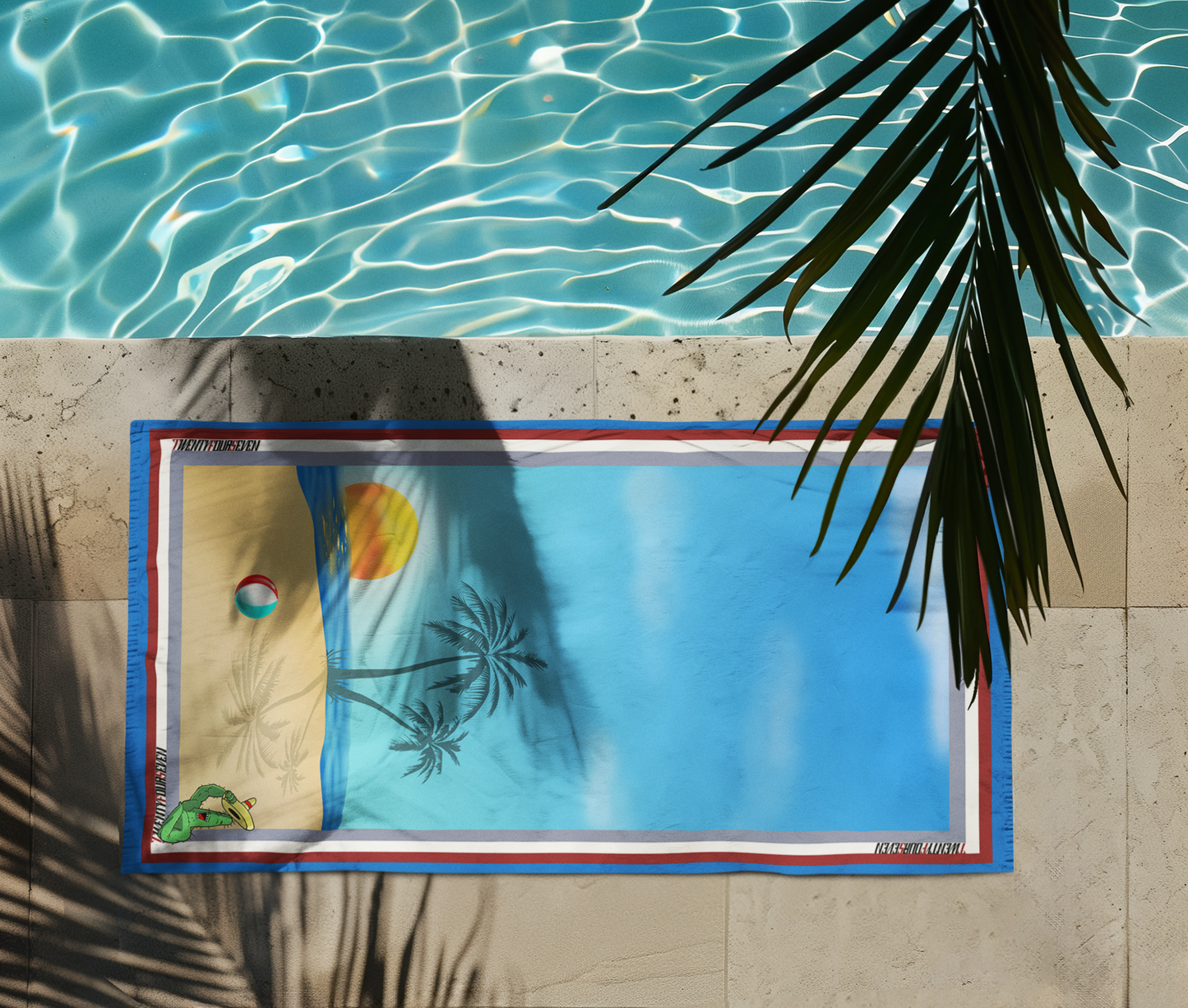 Graphic beach towel featuring a tropical sunset, two palm trees, a beach ball, and a smiling cartoon cactus waving a sombrero.