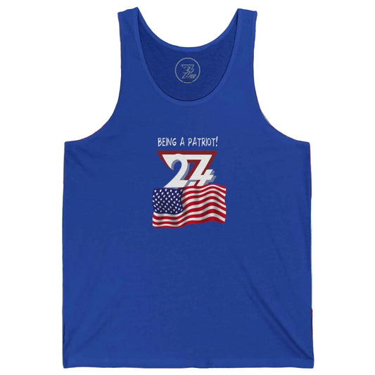 True royal blue women's graphic tank displaying a bold Being a Patriot 24/7 design.