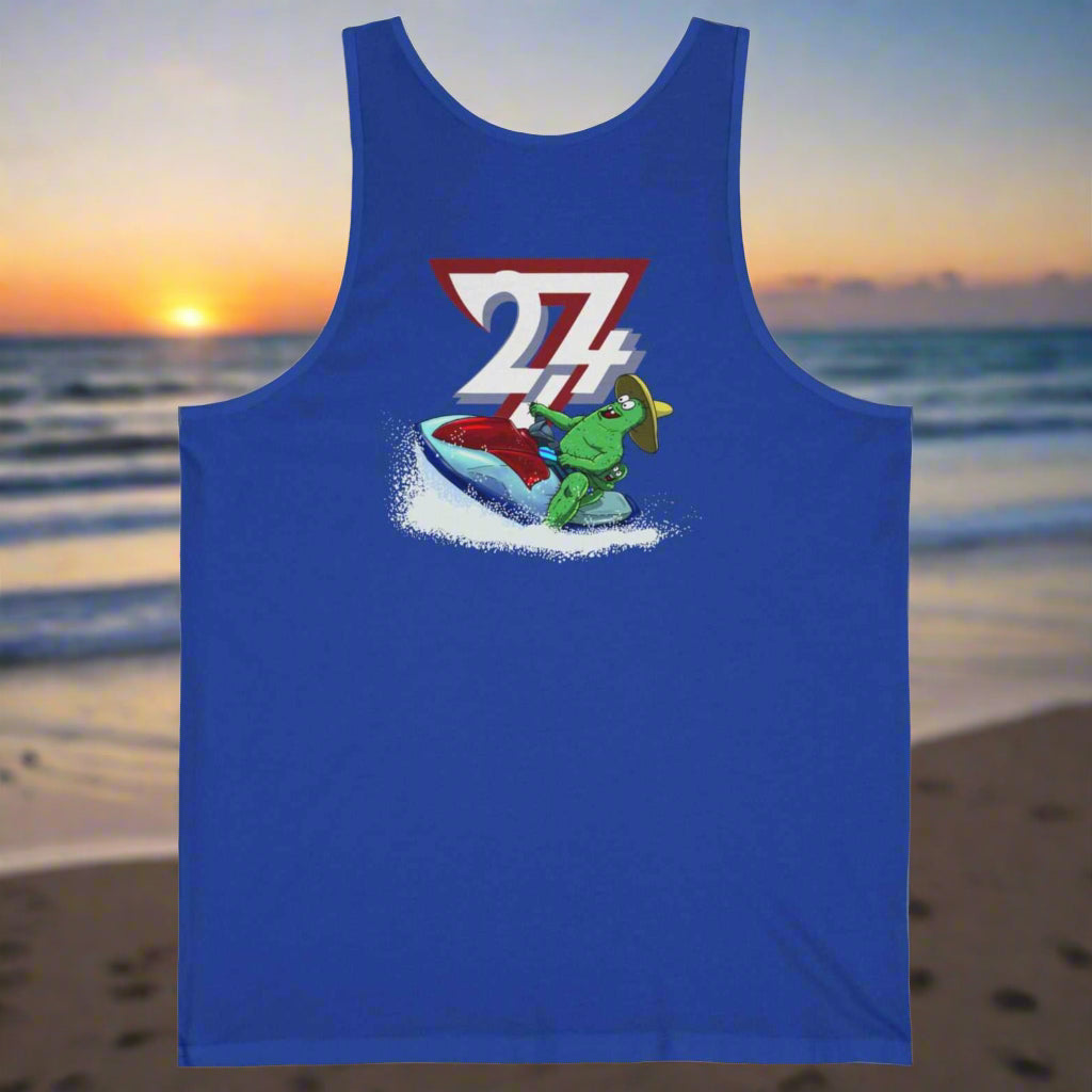 Front View of True Royal Blue Beach Tank Top - 24/7 Unique Designs branding.