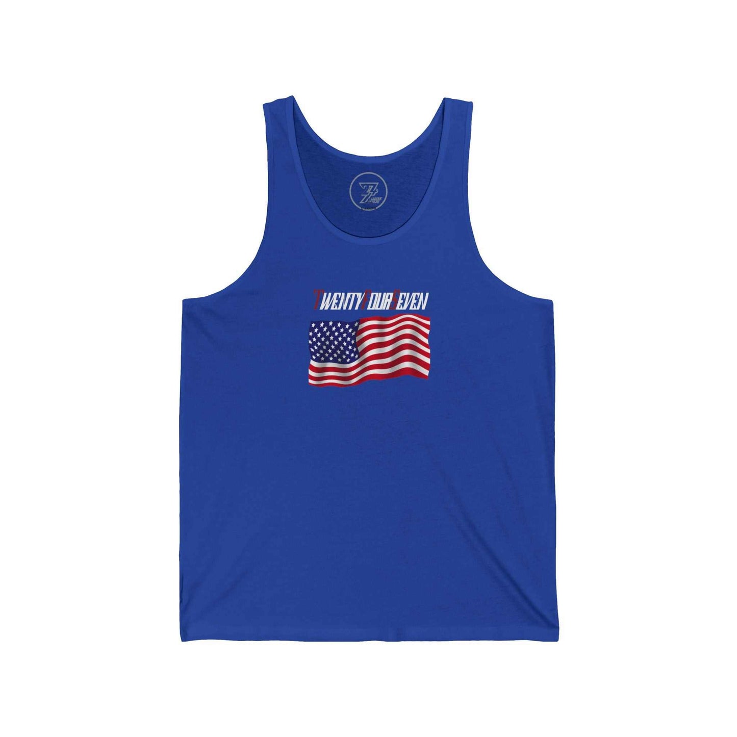 True royal blue premium cotton tank top displaying a detailed comic artist drawn American flag.