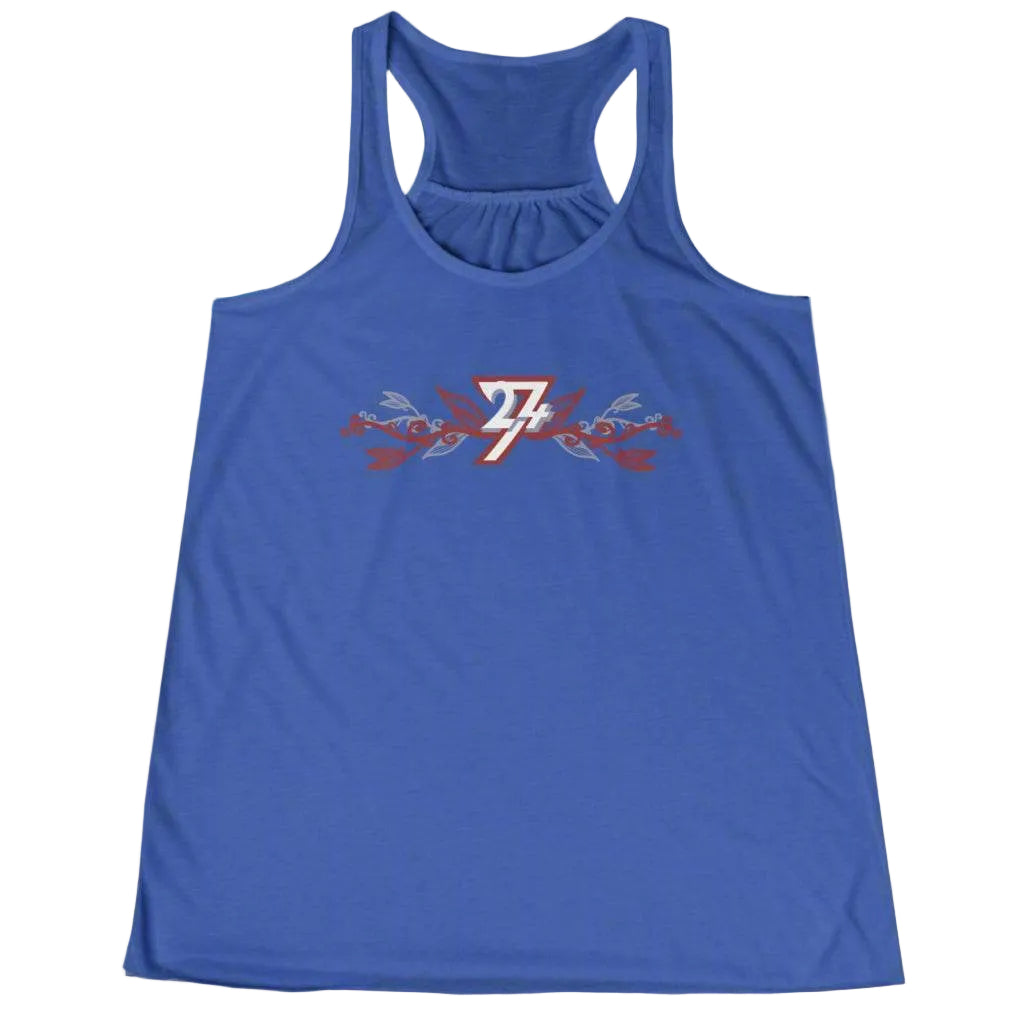 True royal blue women's racerback tank top featuring an elegant horizontal floral vine graphic on the chest.