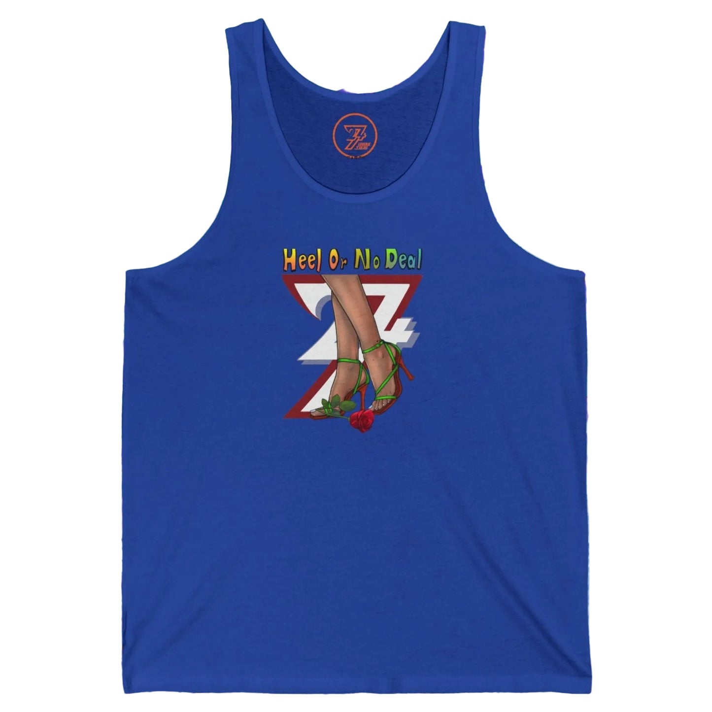 True royal blue women's graphic tank made from soft cotton featuring a Heel Or No Deal fashion illustration.