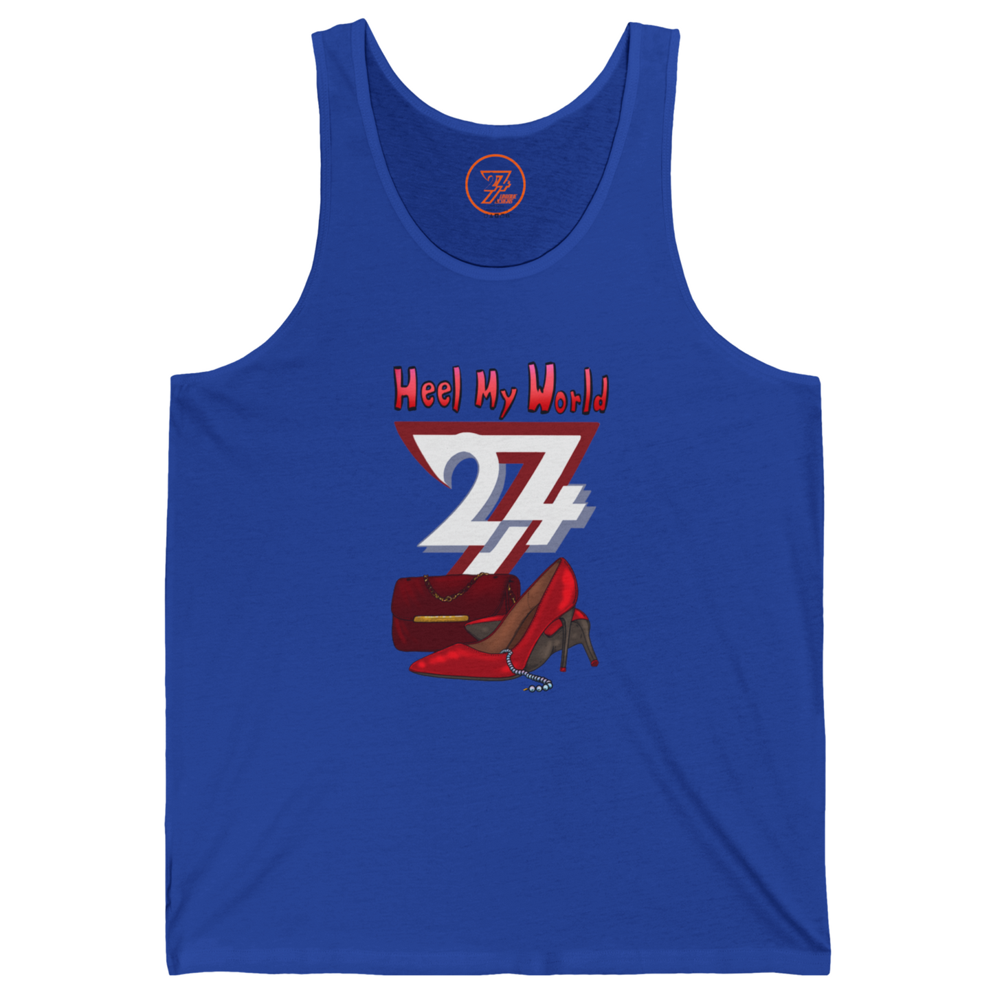 True royal blue boutique graphic tee made from soft cotton featuring hand-drawn shoes and a purse.