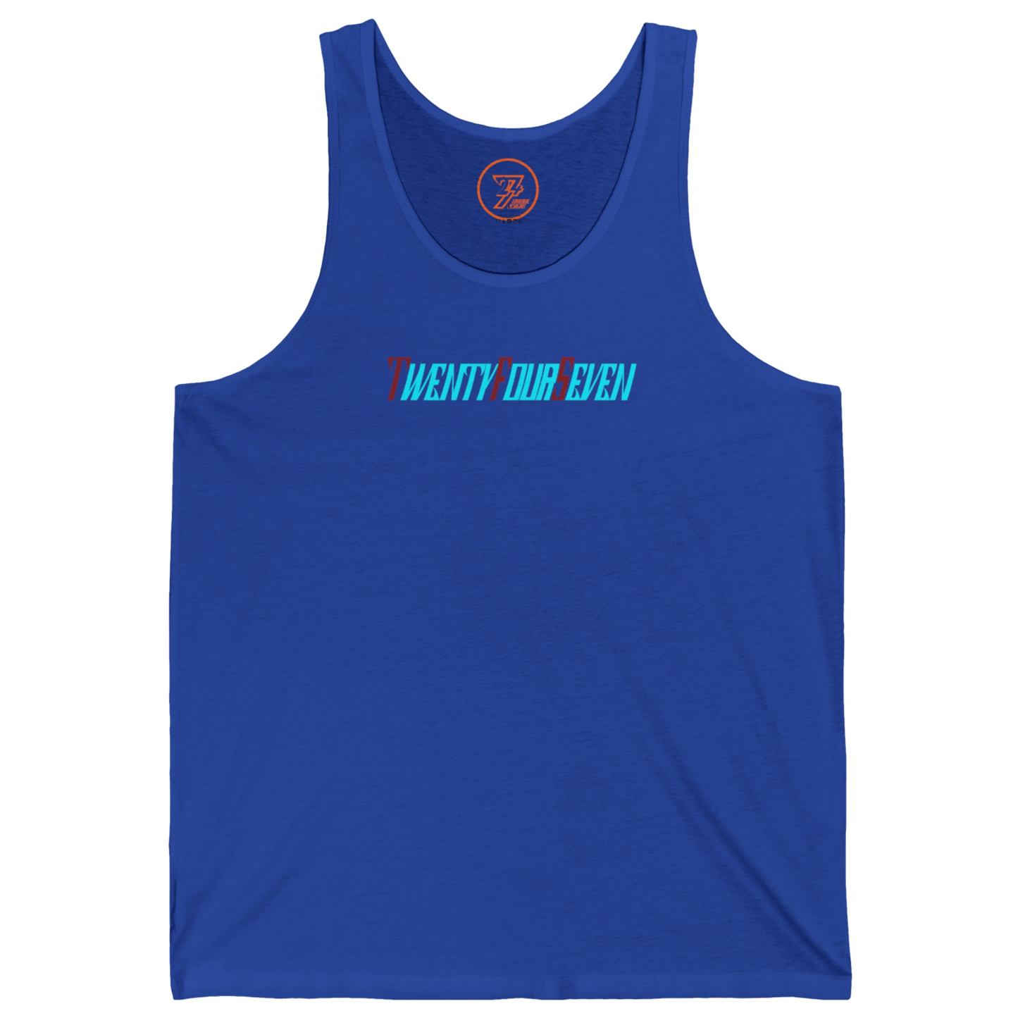 True royal blue women's graphic tee made from breathable cotton with multi-color text.