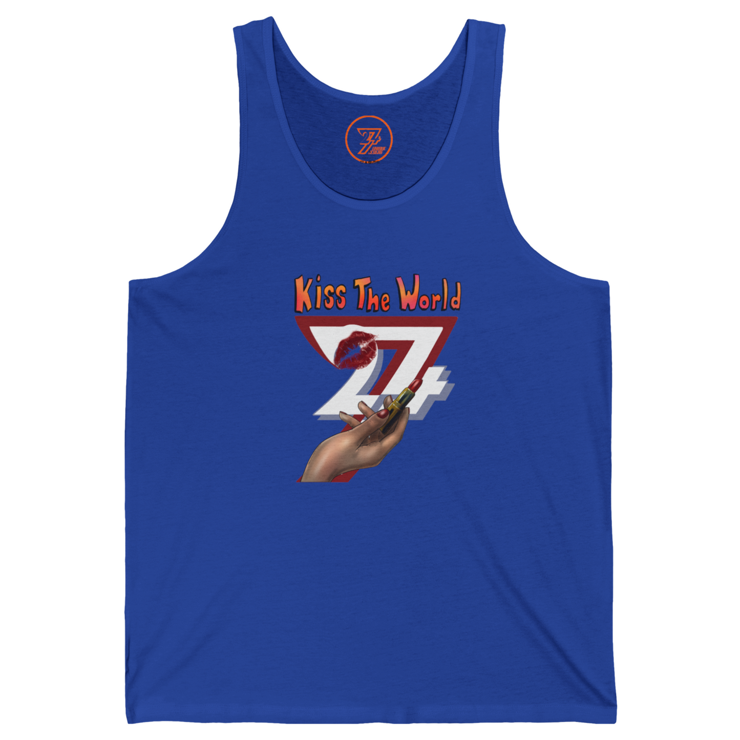 True royal blue women's graphic tank made from soft cotton featuring a vintage makeup illustration.