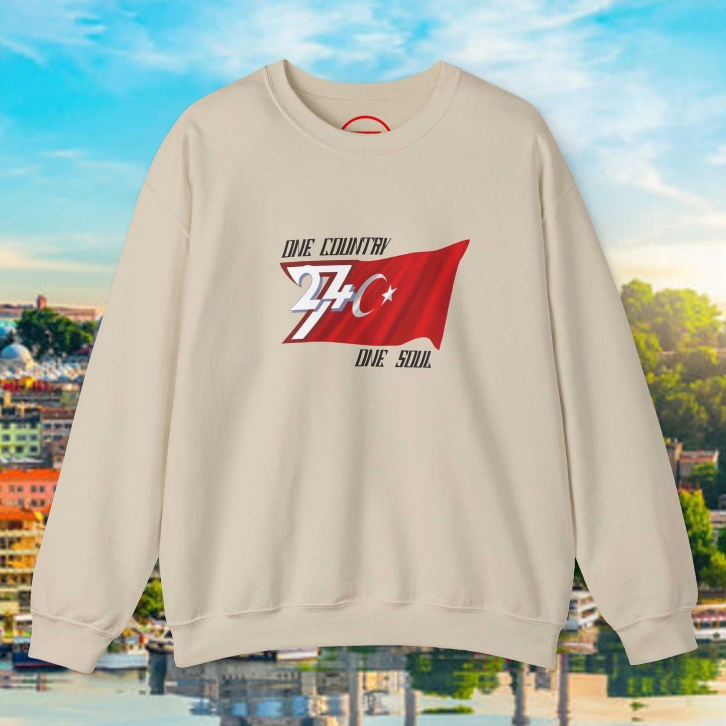 Beige Turkish Flag sweatshirt with hand-drawn style emblem reading "One Country One Soul" on front