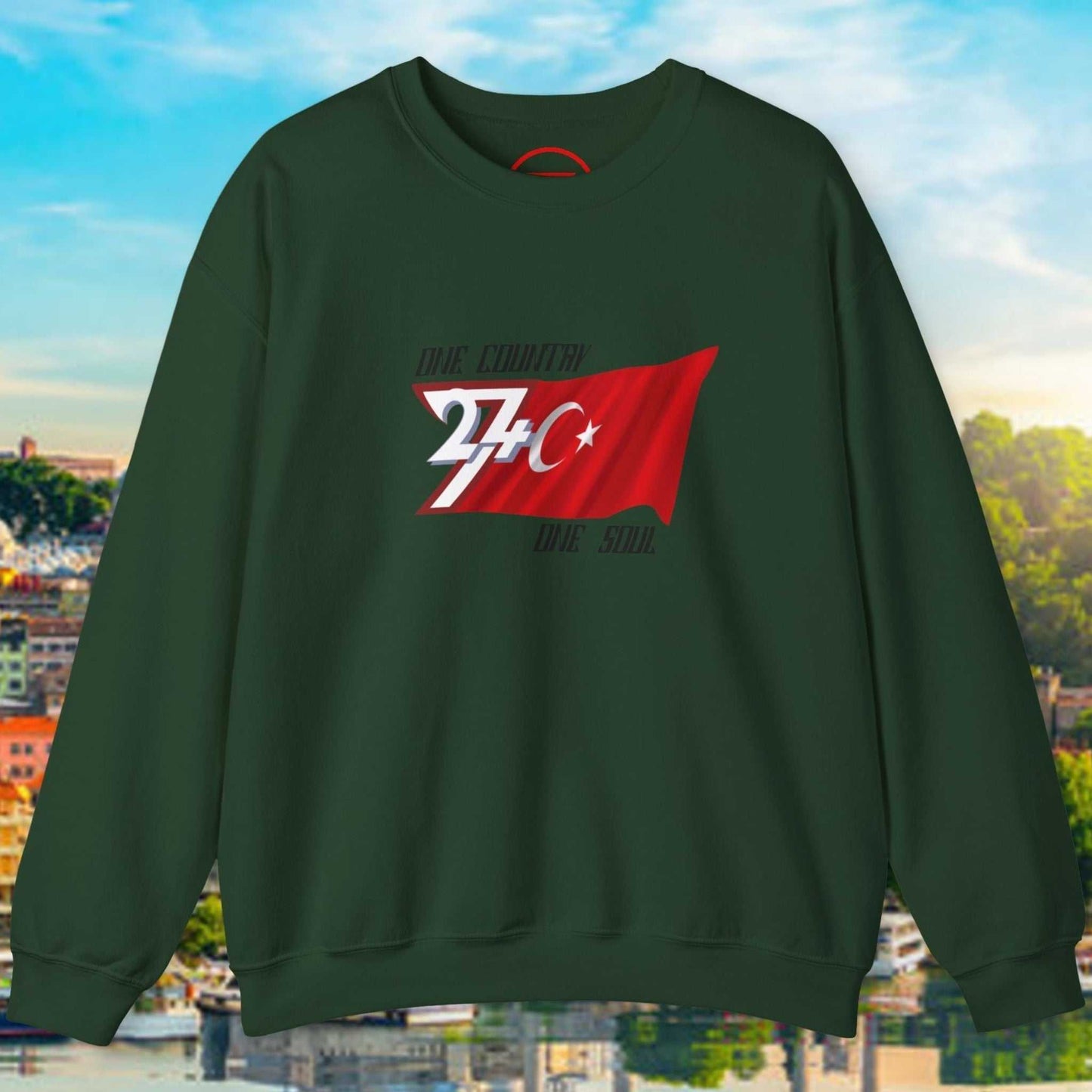 Dark green Turkish Flag sweatshirt with hand-drawn red flag design and white crescent star, medium-heavy fleece, ribbed cuffs and collar, wearable art style.