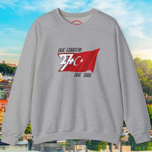 Grey Turkish Flag Sweatshirt with hand-drawn red flag and white crescent star design, midweight fleece, long sleeves, ribbed cuffs and hem