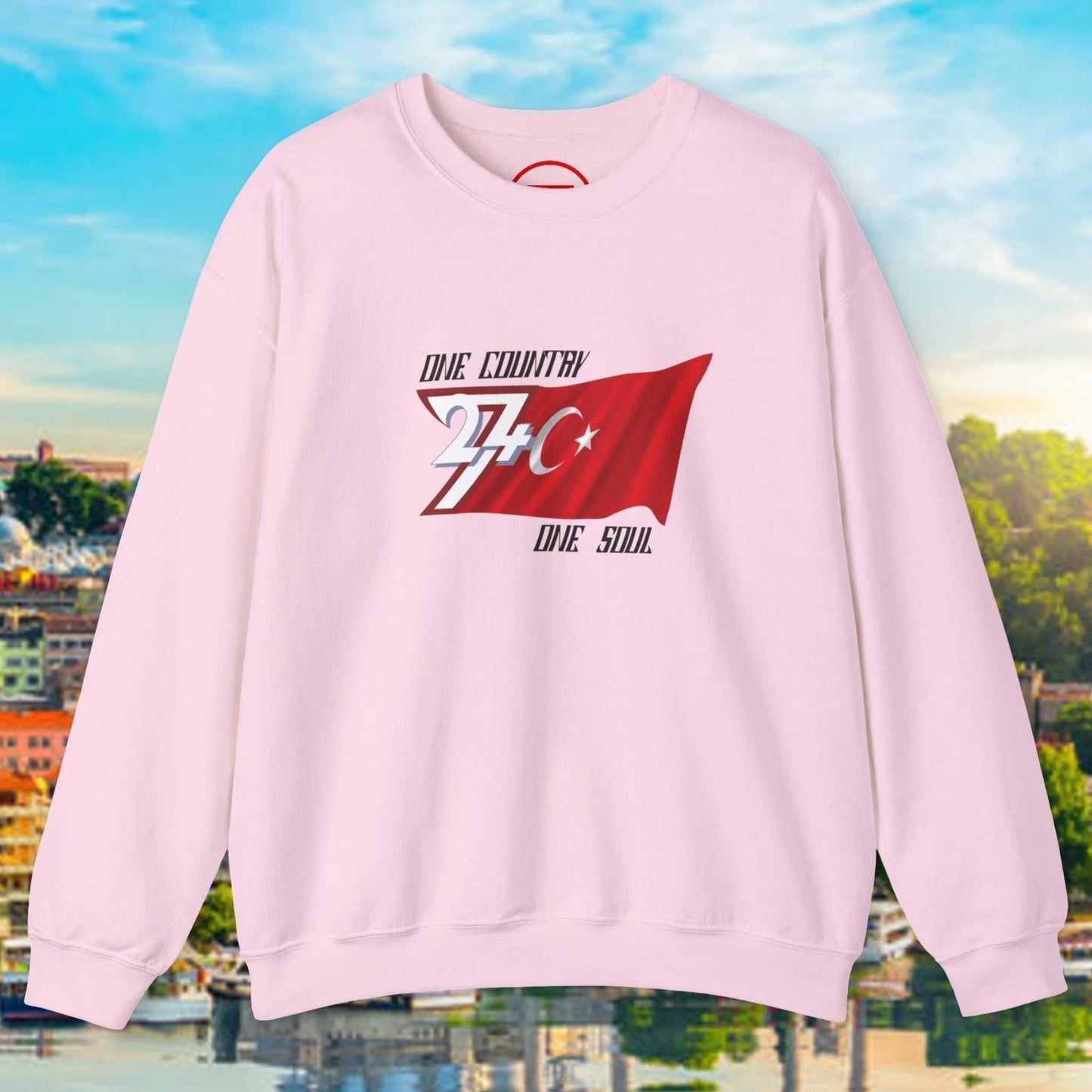 Pink Turkish Flag sweatshirt with hand-drawn red flag and white crescent star design on front, casual Türkiye flag sweatshirt, wearable art style