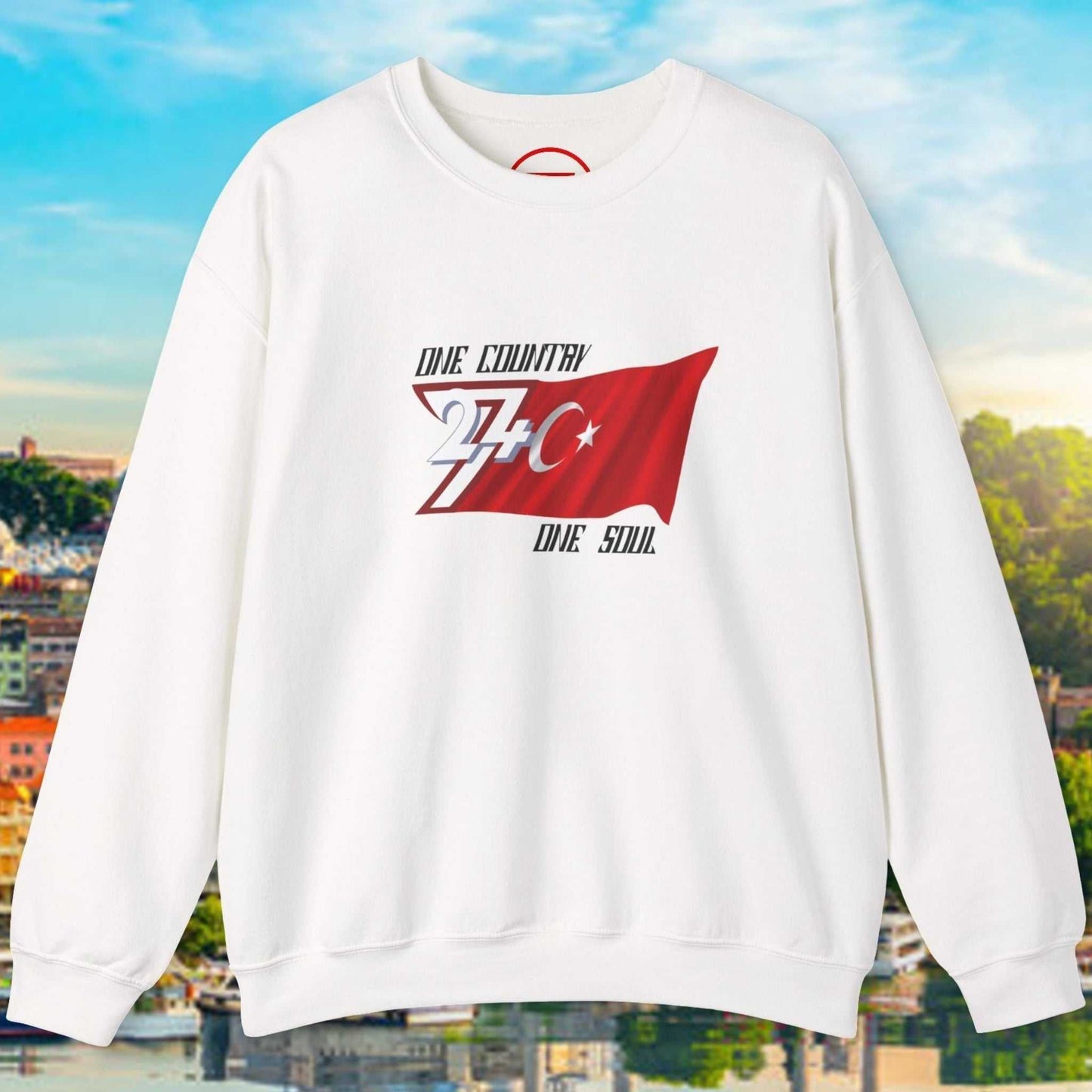 White Turkish Flag Sweatshirt with hand-drawn design and pencil strokes on medium-heavy fleece background