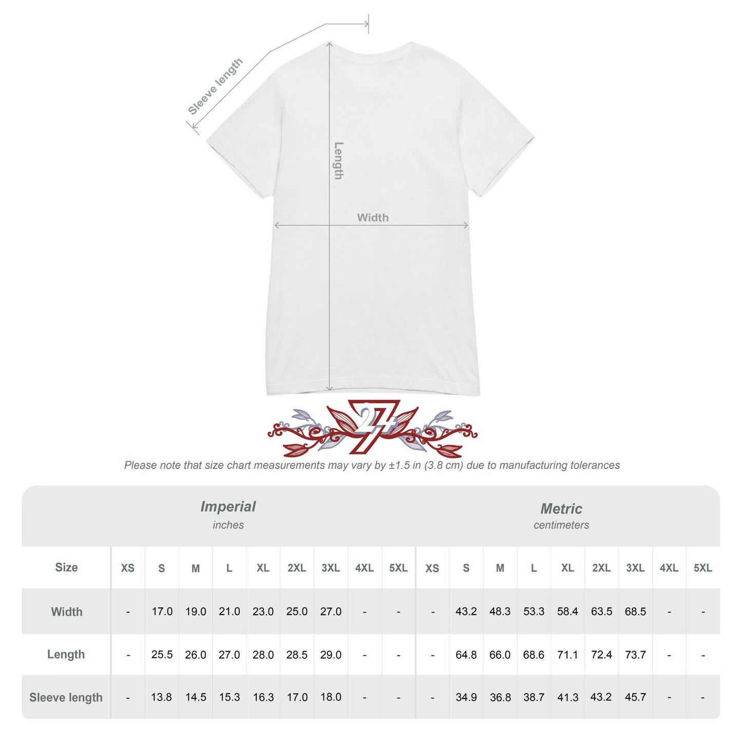 White twentyfourseven t-shirt with measurement chart on a white background