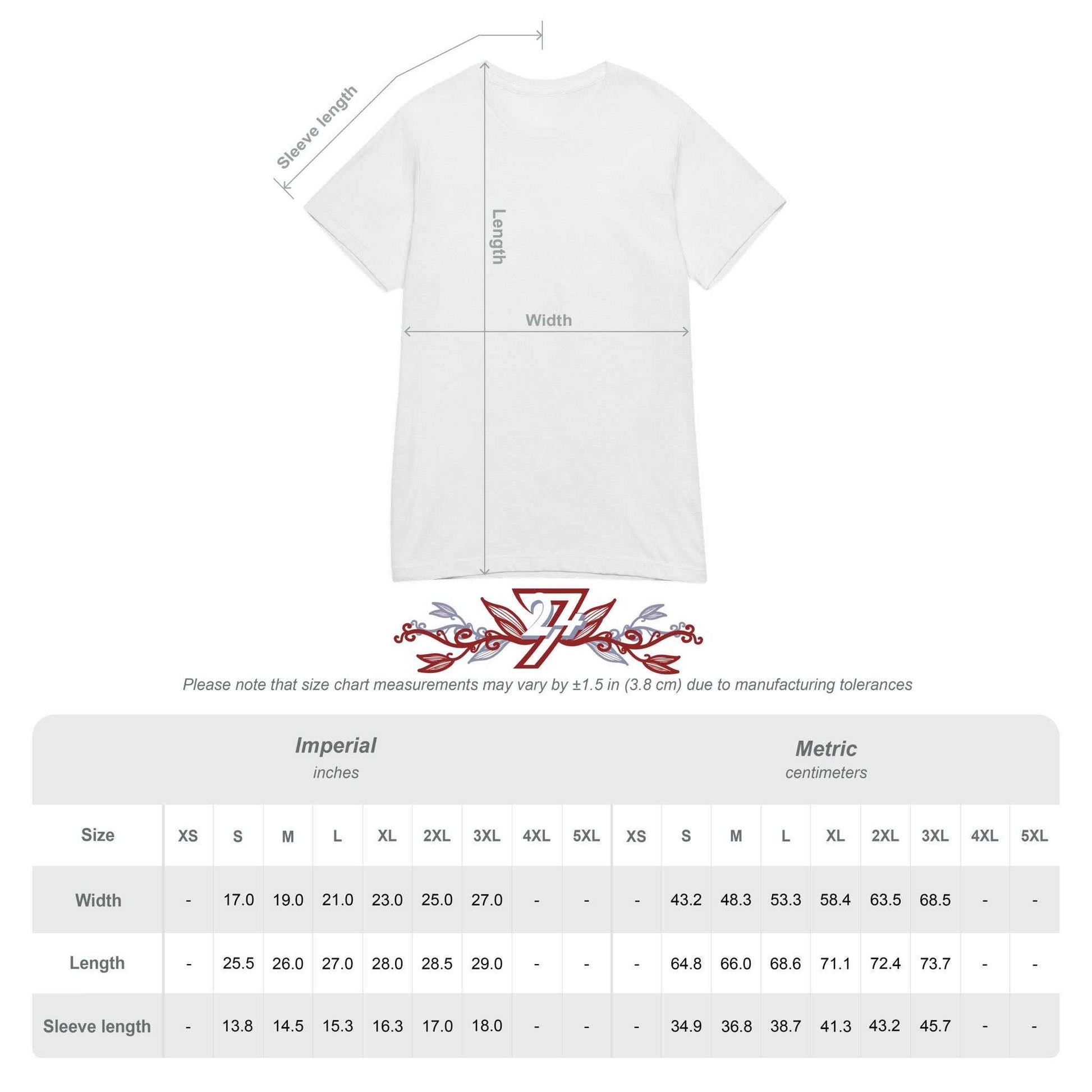 White twentyfourseven t-shirt with measurement chart on a white background