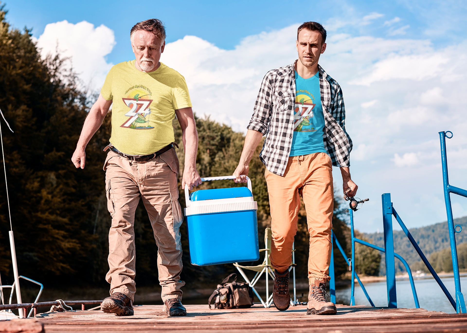 Two men wearing  funny fishing graphic t-shirt featuring a father-son cactus prank design.