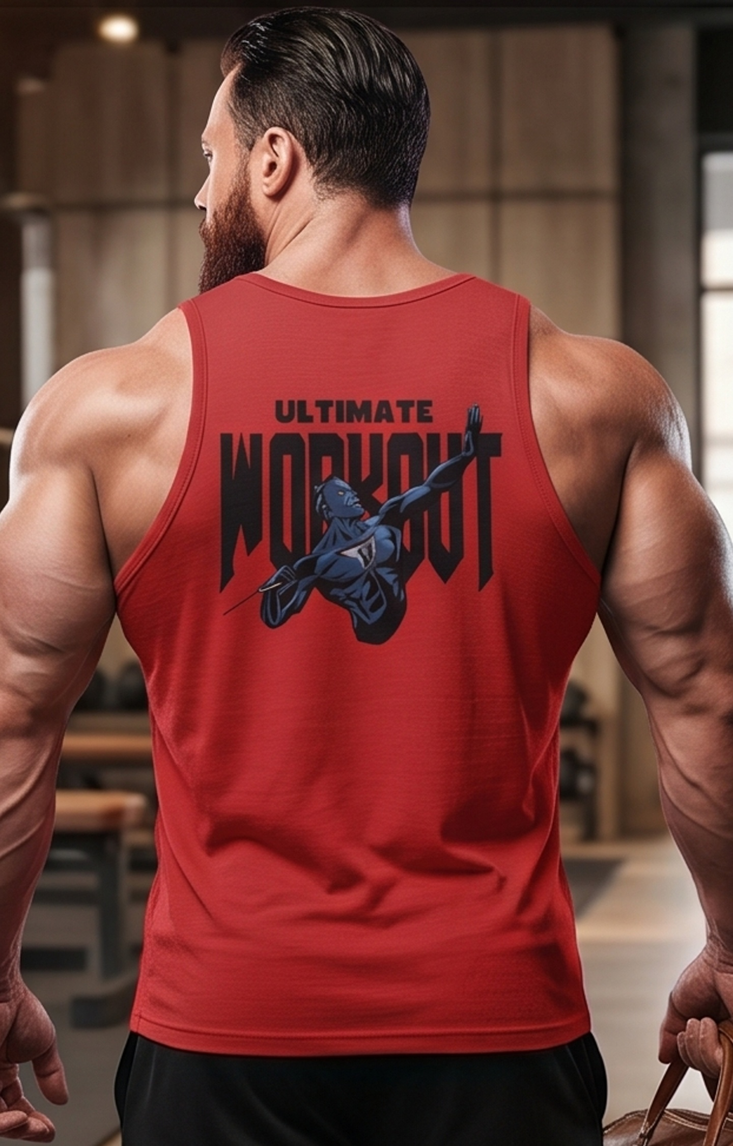Man wearing the red men's tank top with 'Ultimate Workout'  90s comic style graphic in a gym setting