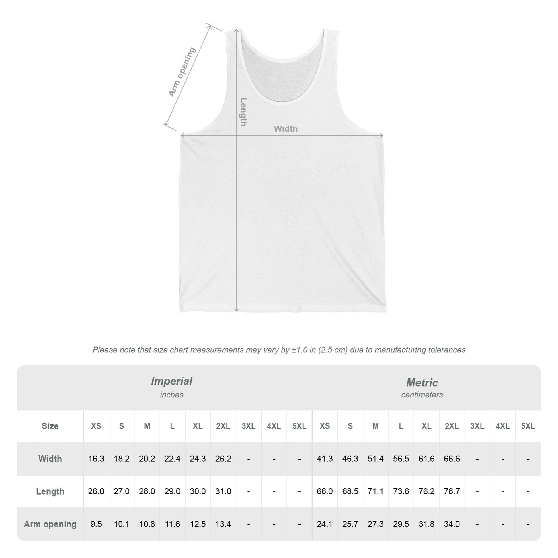 Size chart of the Art of Life women's graphic tank top