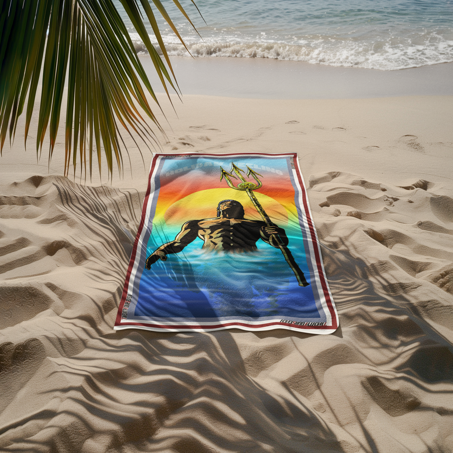 Beach towel displaying a vintage comic art design of Poseidon emerging from blue water.