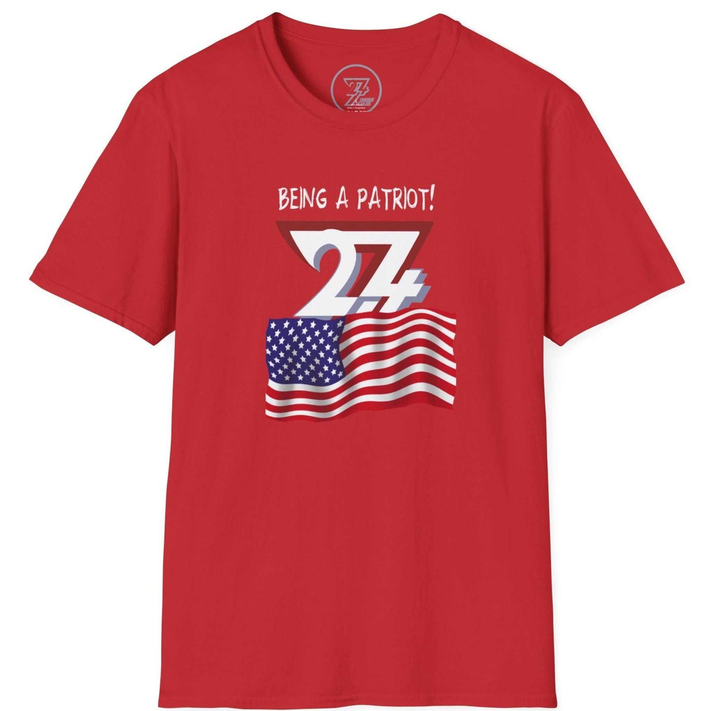 Red American patriot graphic t-shirt with USA flag design front view