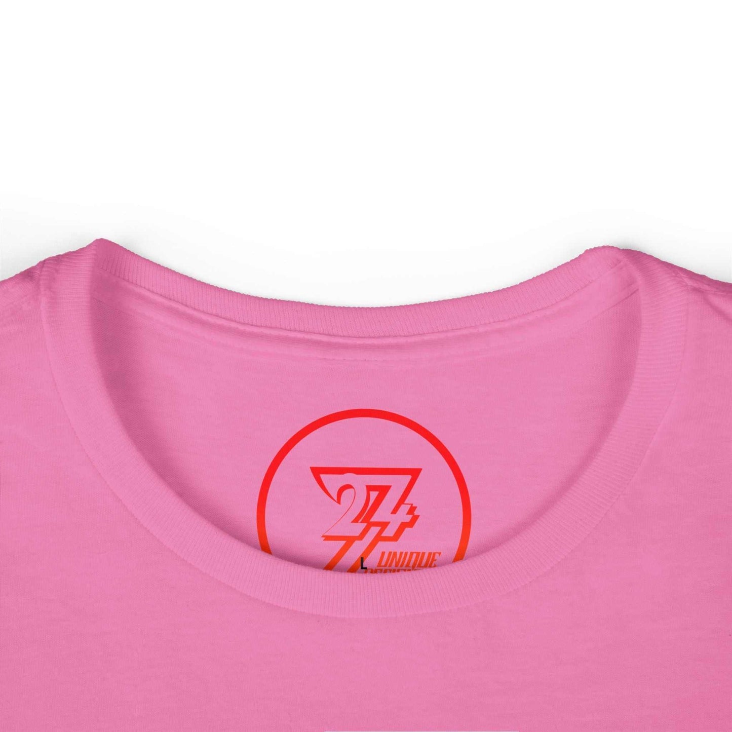 Close-up of the smooth, comfortable crew neckline on the vibrant pink fashion lover women's top, highlighting the lightweight softstyle fabric.