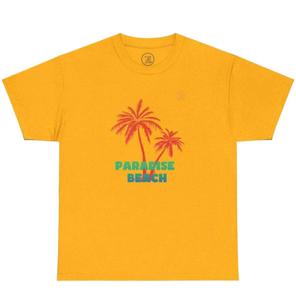Sunset Gold Vintage Graphic Tee with Paradise Beach 80s typography.