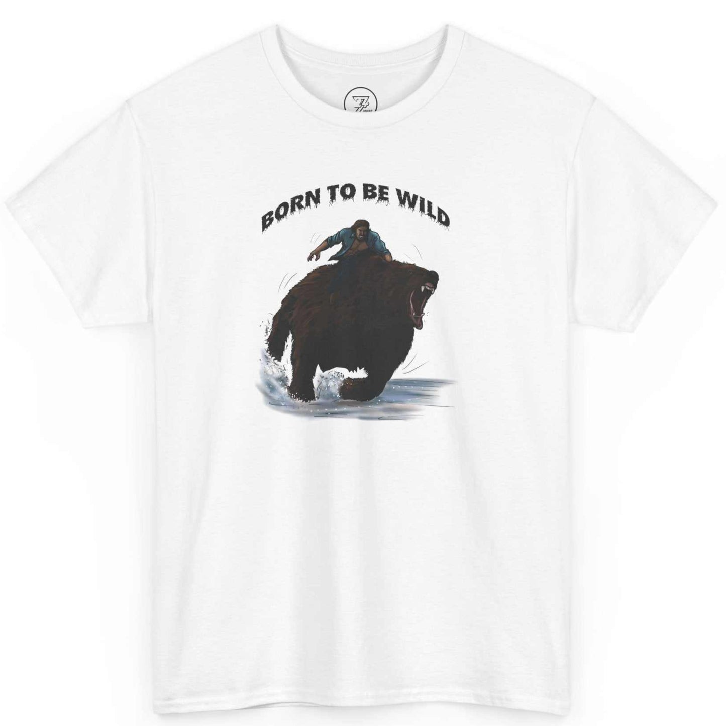 White retro t-shirt with bear graphic and 'Born to be Wild' text 