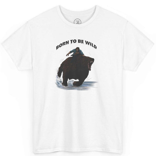 White retro t-shirt with bear graphic and 'Born to be Wild' text 