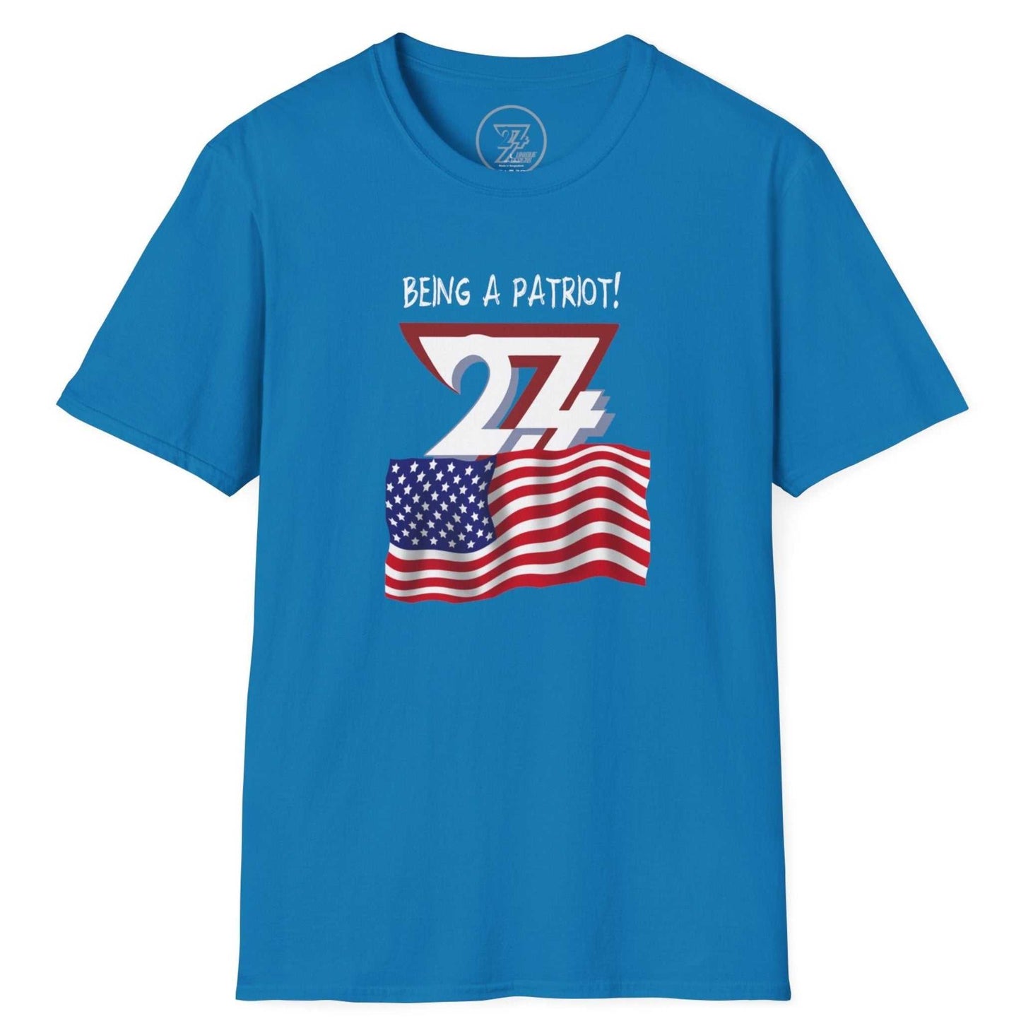 Vivid blue American patriot flag t-shirt featuring the high-contrast graphic design, shown on a clean background.