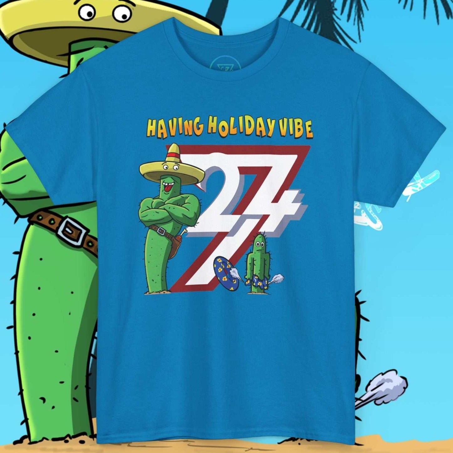 Vivid blue novelty holiday tee featuring a flexing cactus dad and a sad cactus son.