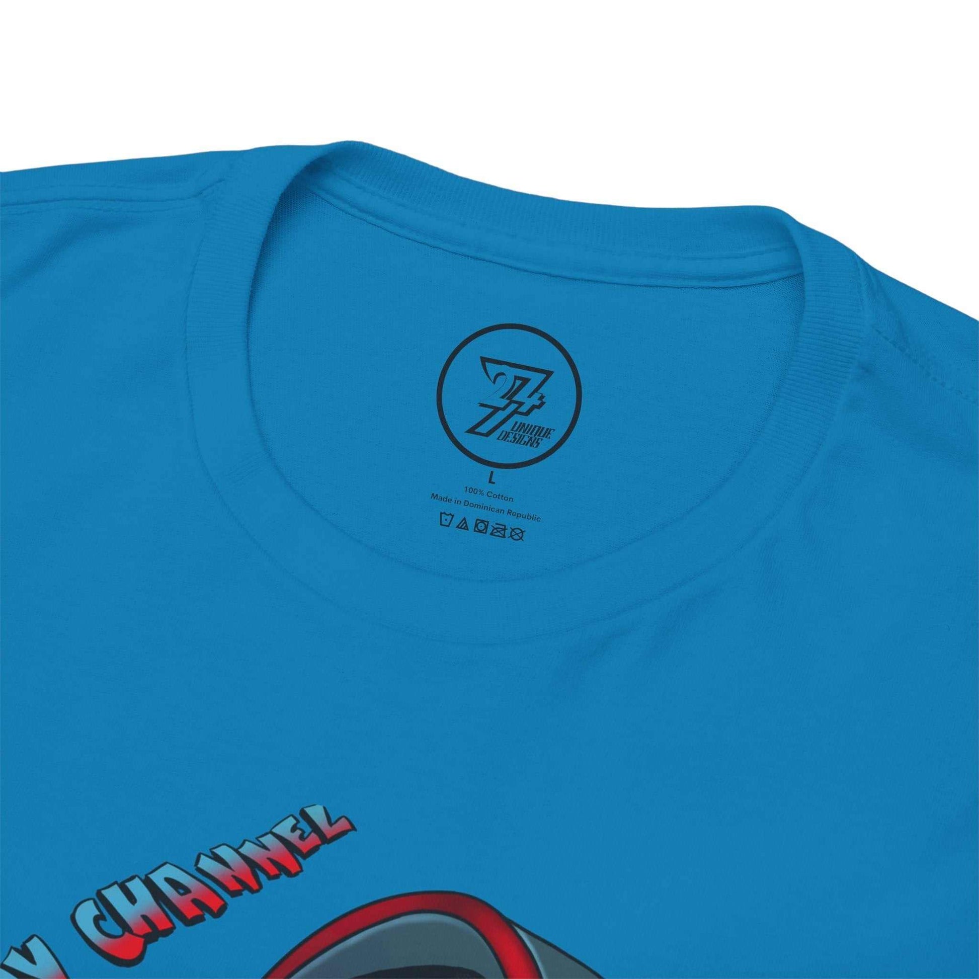 Close-up of the shape-retaining ribbed knit collar on the vivid blue YouTuber clothing tee, highlighting the seamless tubular construction.