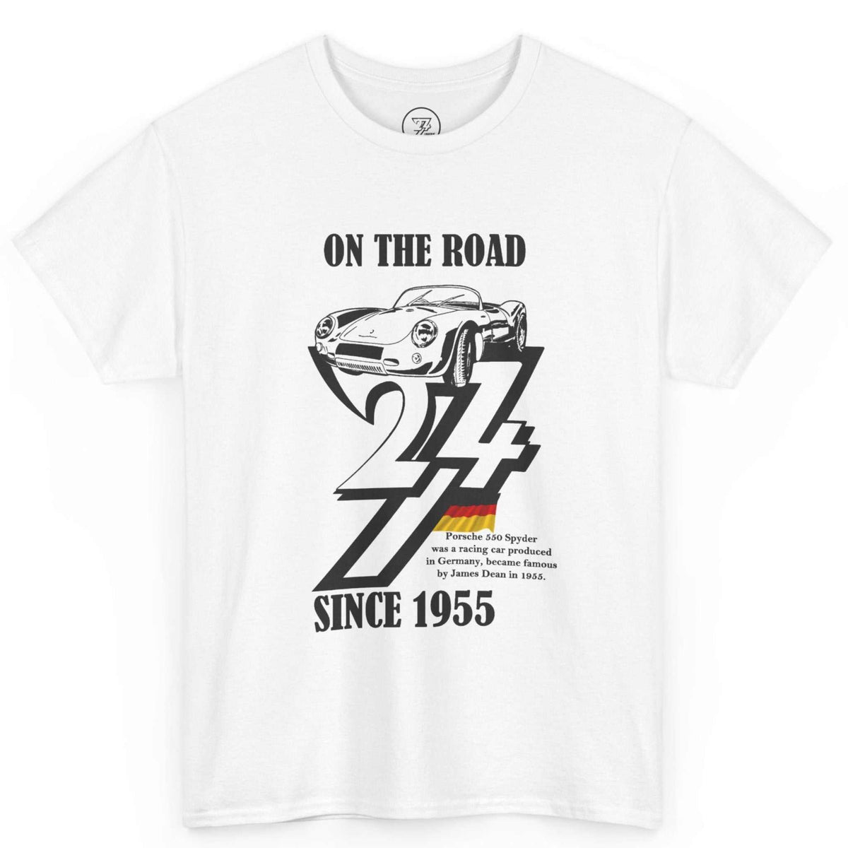 Front view of a crisp white 1955 birthday gift for men tee showcasing the vintage Porsche automotive graphic, laid flat on a clean background.