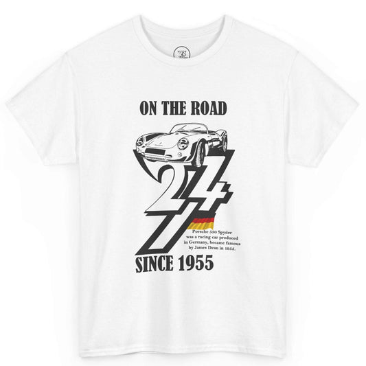 Front view of a crisp white 1955 birthday gift for men tee showcasing the vintage Porsche automotive graphic, laid flat on a clean background.