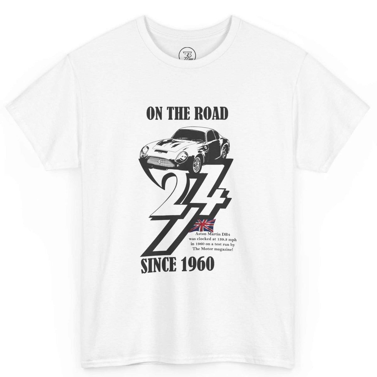 Front view of a crisp white 1960 birthday gift for men tee showcasing the vintage Aston Martin automotive graphic, laid flat on a clean background.