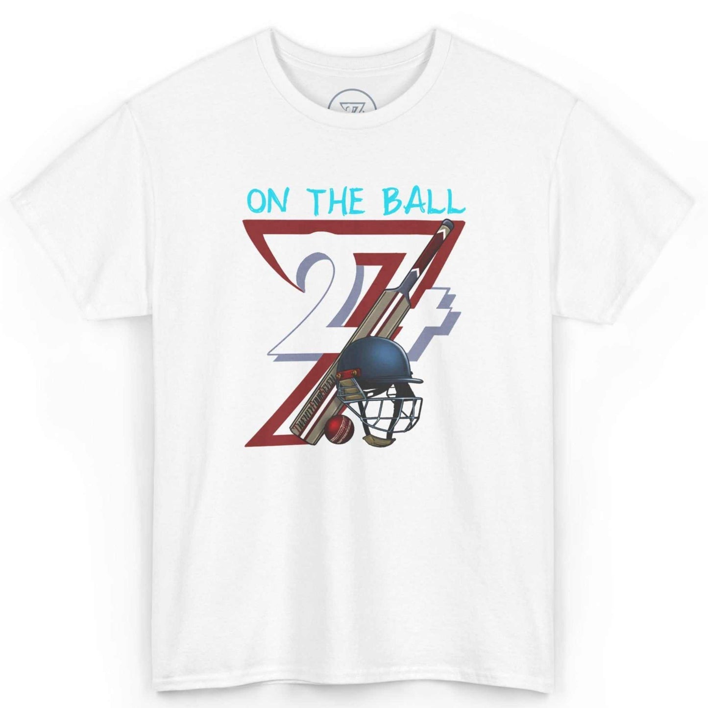 Front view of a crisp white 90s vintage cricket graphic tee featuring the digitally hand-drawn On the Ball art, displayed on a clean background.