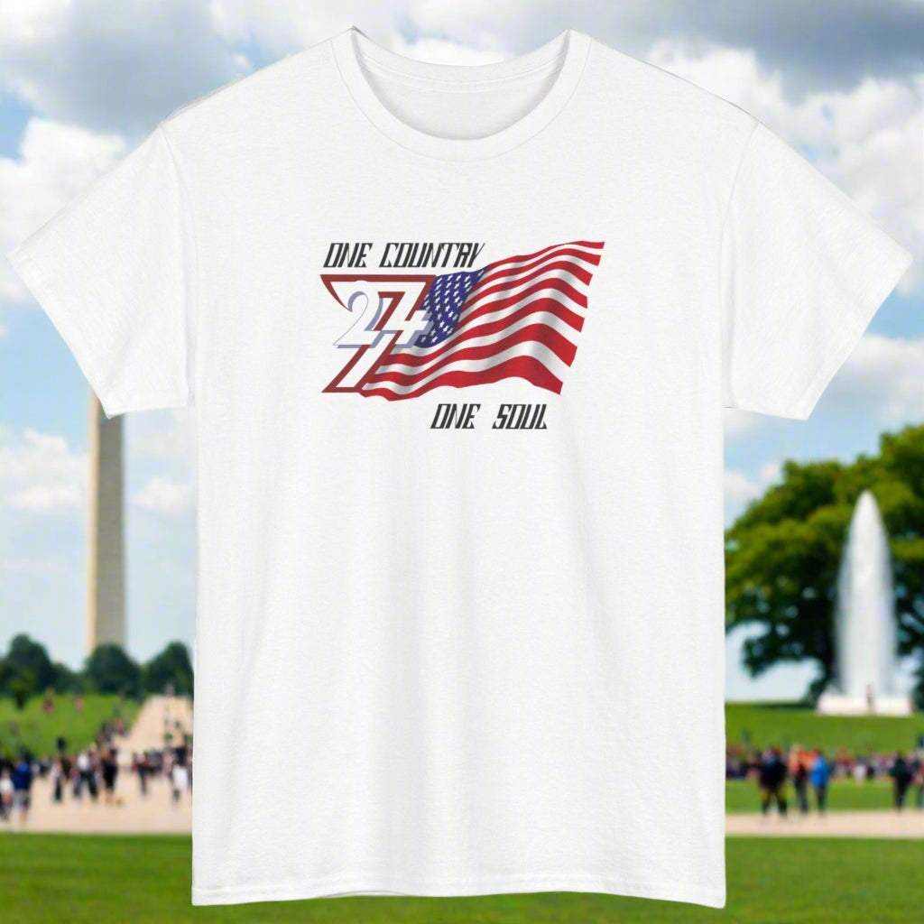 White USA Graphic Tee with "One Country One Soul" slogan and hand-drawn American flag design