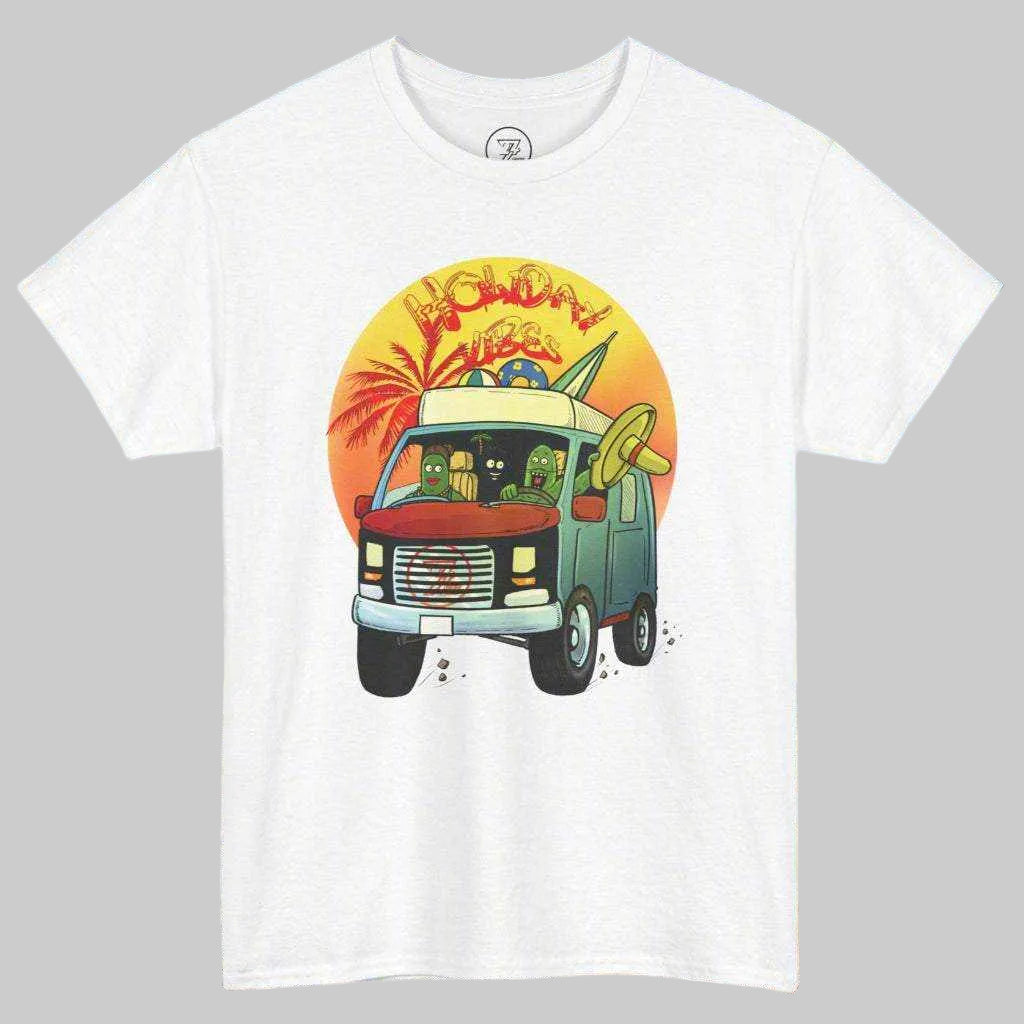 Crisp White Adult Camper Van T-Shirt featuring 90s comic vacation art.