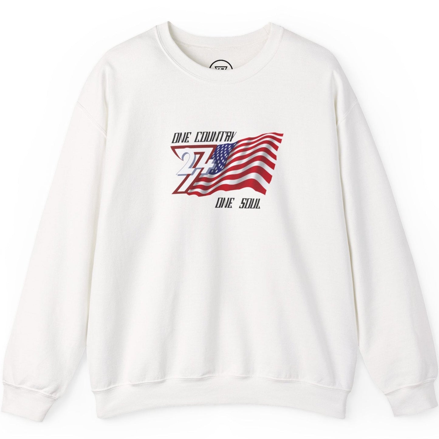 Front view of a white American flag patriot sweatshirt featuring the One Country One Soul graphic, displayed on a clean background.