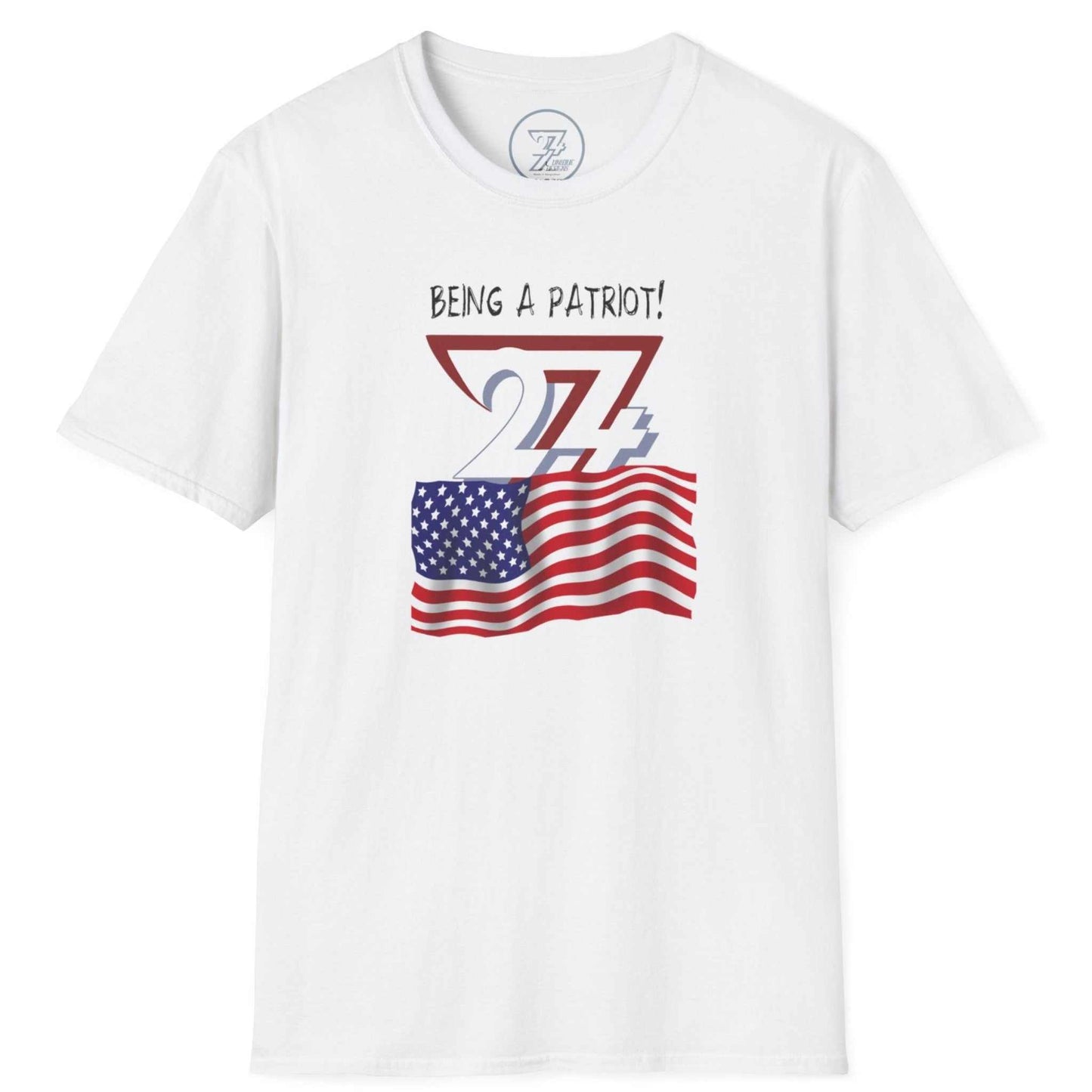 Front view of a white American patriot flag t-shirt featuring the bold flag and 24/7 logo graphic, displayed on a clean background.