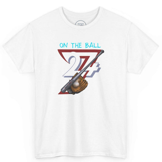Front view of a crisp white American pride baseball apparel tee highlighting the clean comic-style linework, displayed on a clean background.