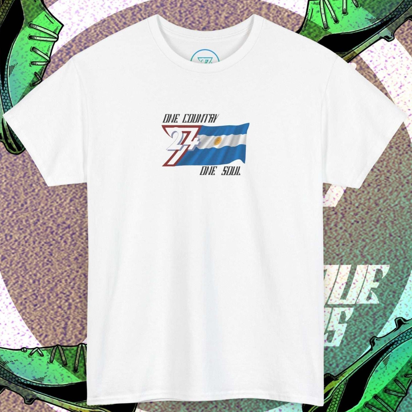 Full front view of the White Argentina flag t-shirt featuring a refined hand-drawn design and "One Country One Soul" slogan.