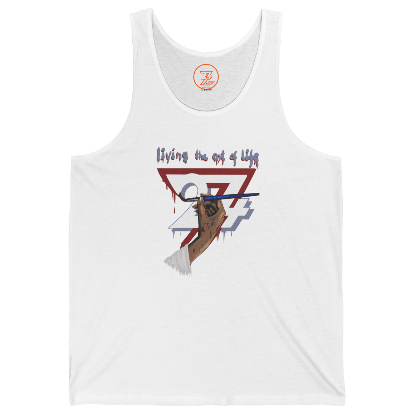 White women's jersey tank top featuring an illustration of a hand holding a paintbrush with the text Living the Art of Life.