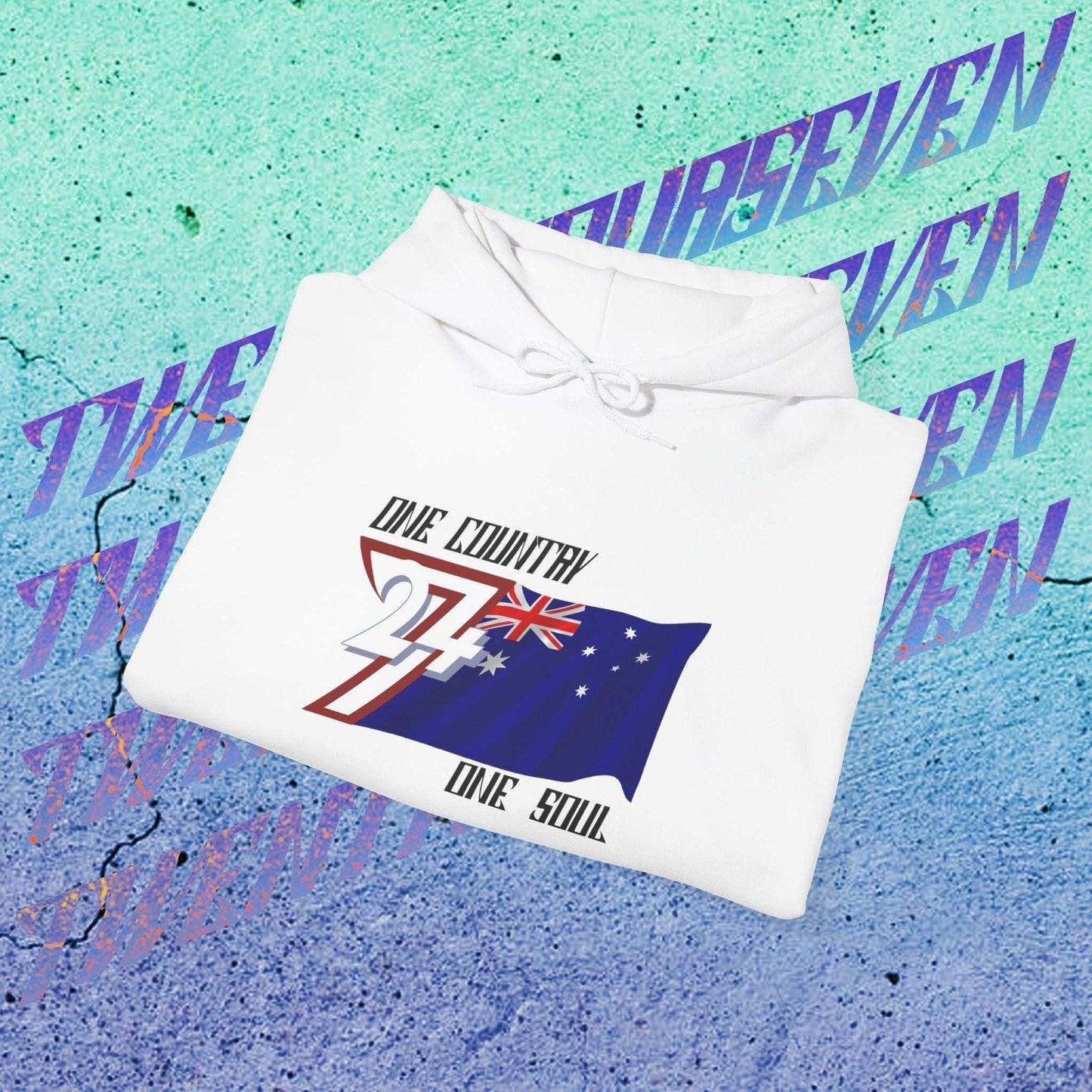 Professionally folded Australia hoodie in White, showcasing the thickness of the premium 8oz fleece.