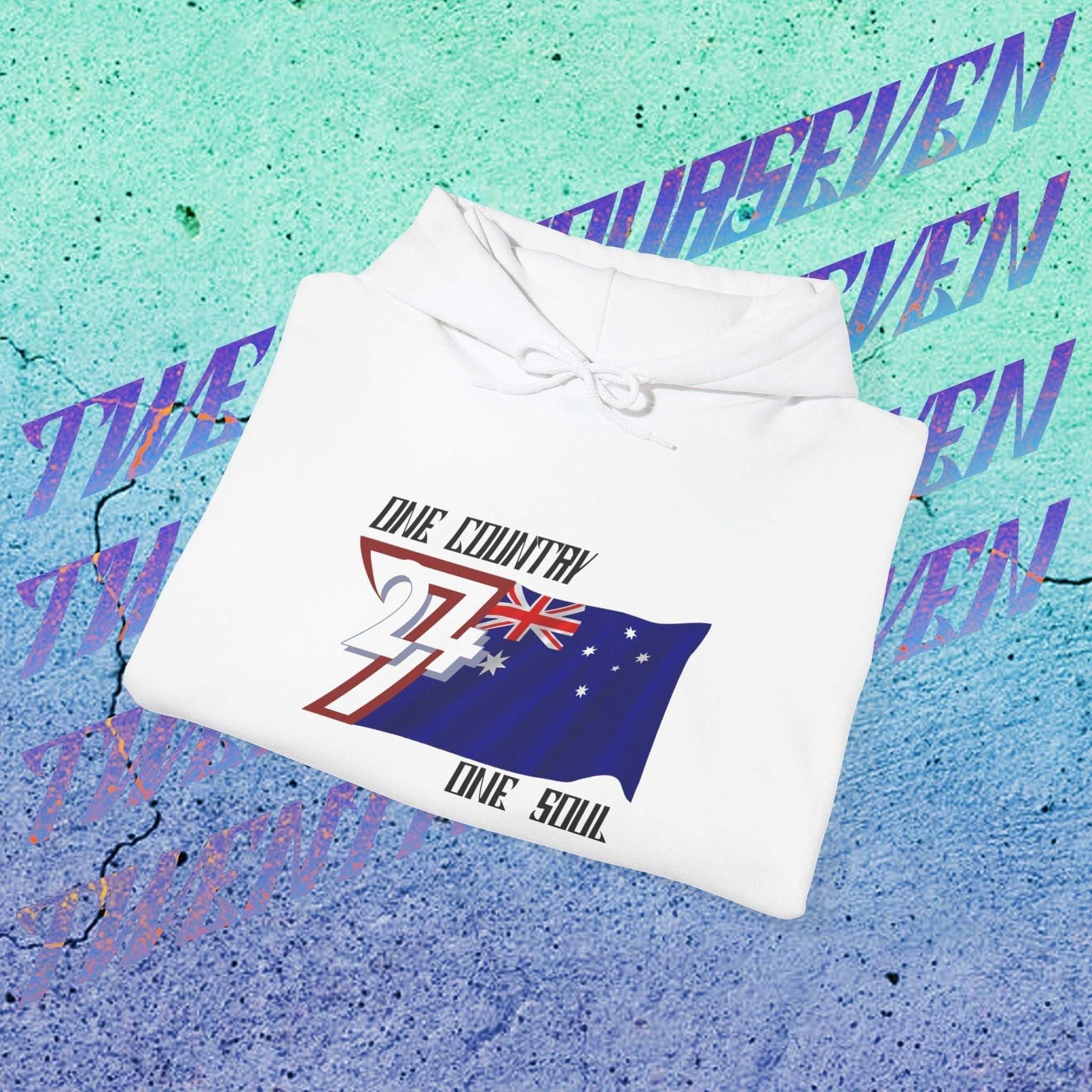 Professionally folded Australia hoodie in White, showcasing the thickness of the premium 8oz fleece.