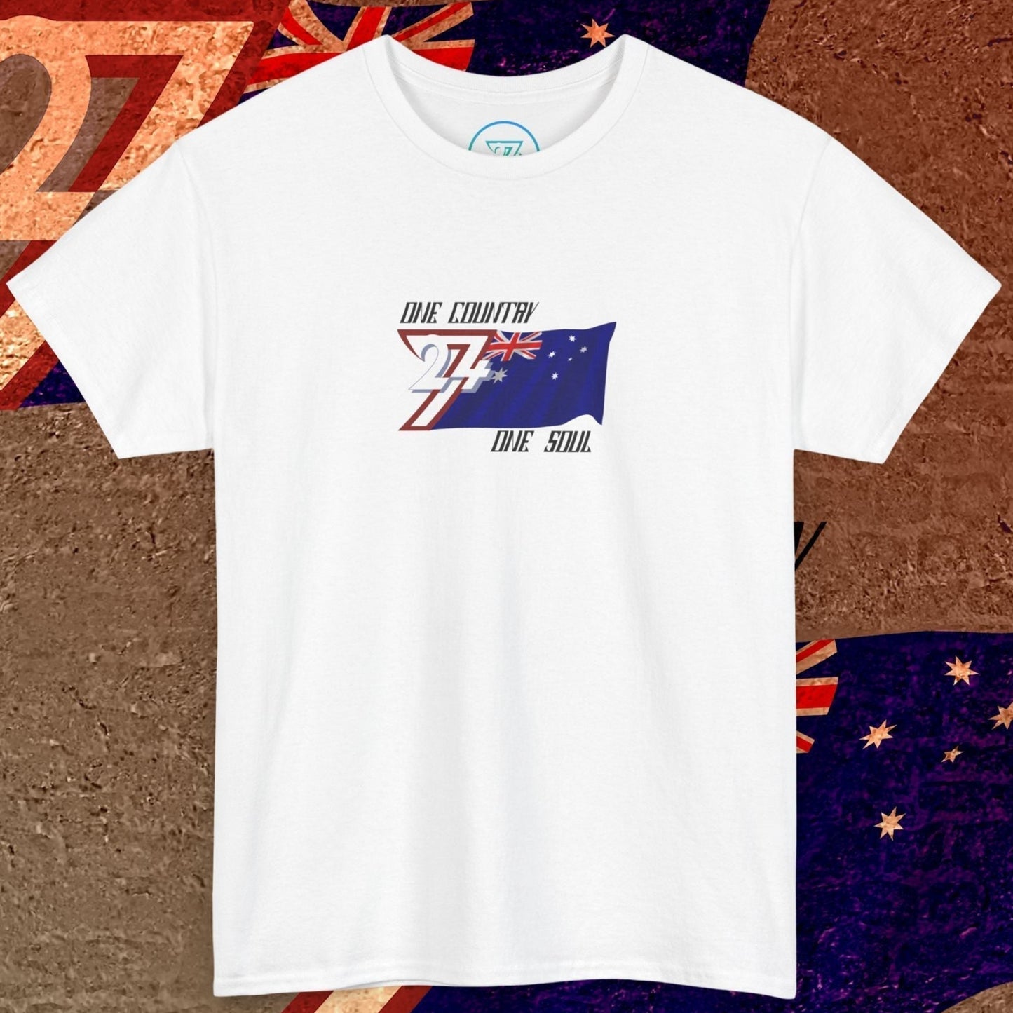 Full front view of the White Australia flag t-shirt featuring a refined hand-drawn design and "One Country One Soul" slogan.