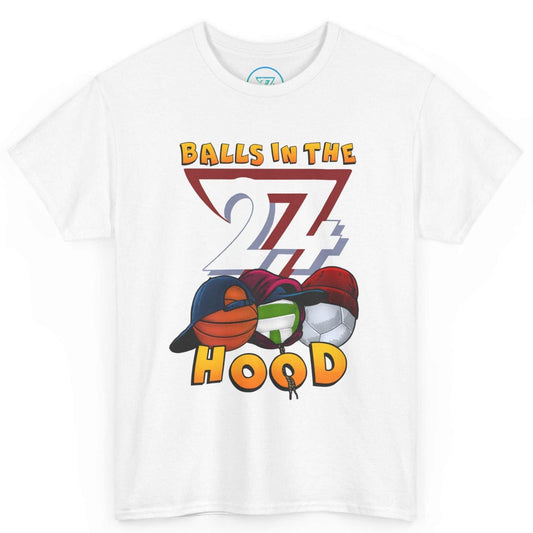 Front view of a white Balls in the Hood graphic t-shirt by 24/7 Unique Designs.