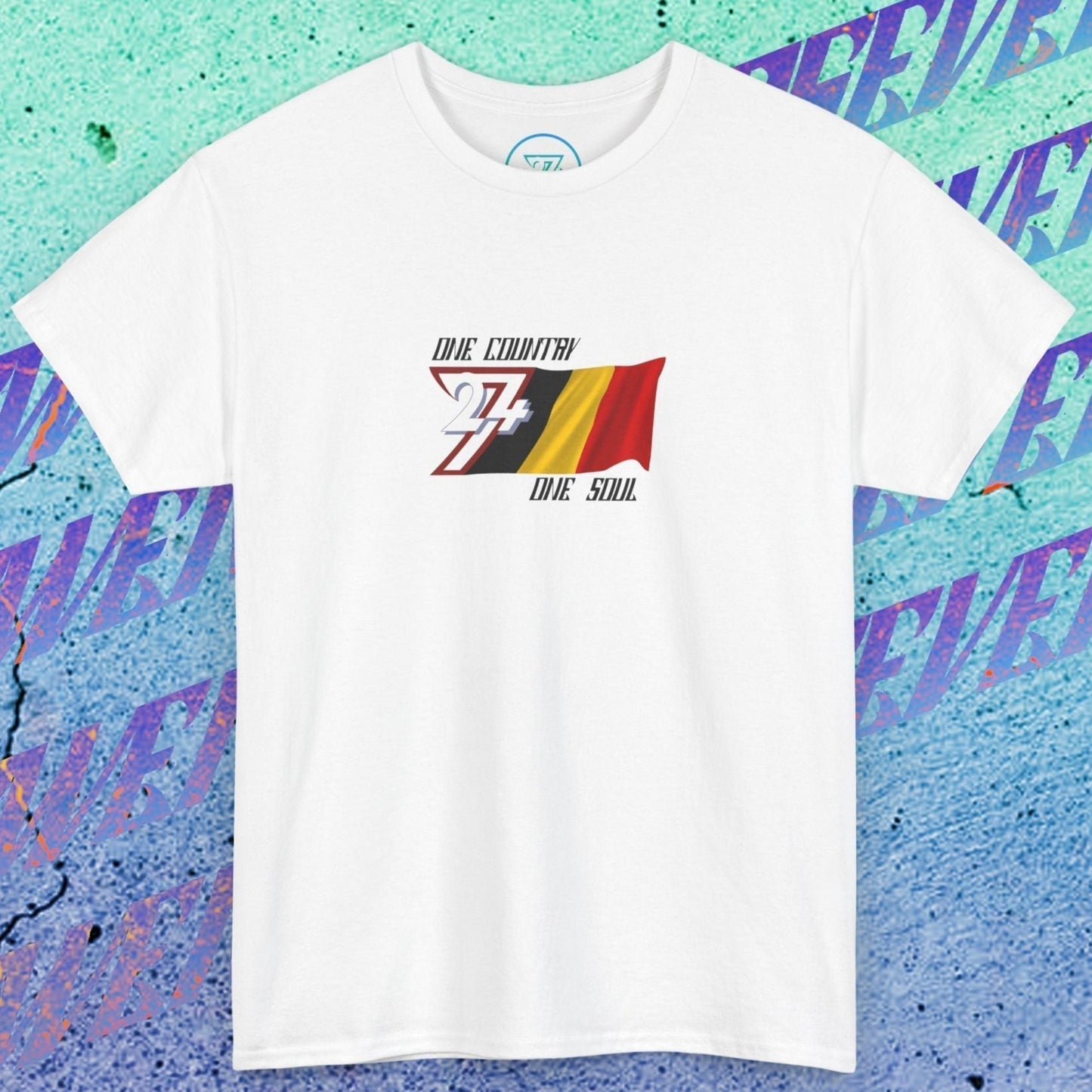 Full front view of the White Belgium flag t-shirt featuring a refined hand-drawn design and "One Country One Soul" slogan.