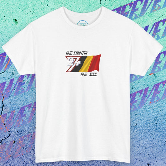 Full front view of the White Belgium flag t-shirt featuring a refined hand-drawn design and "One Country One Soul" slogan.