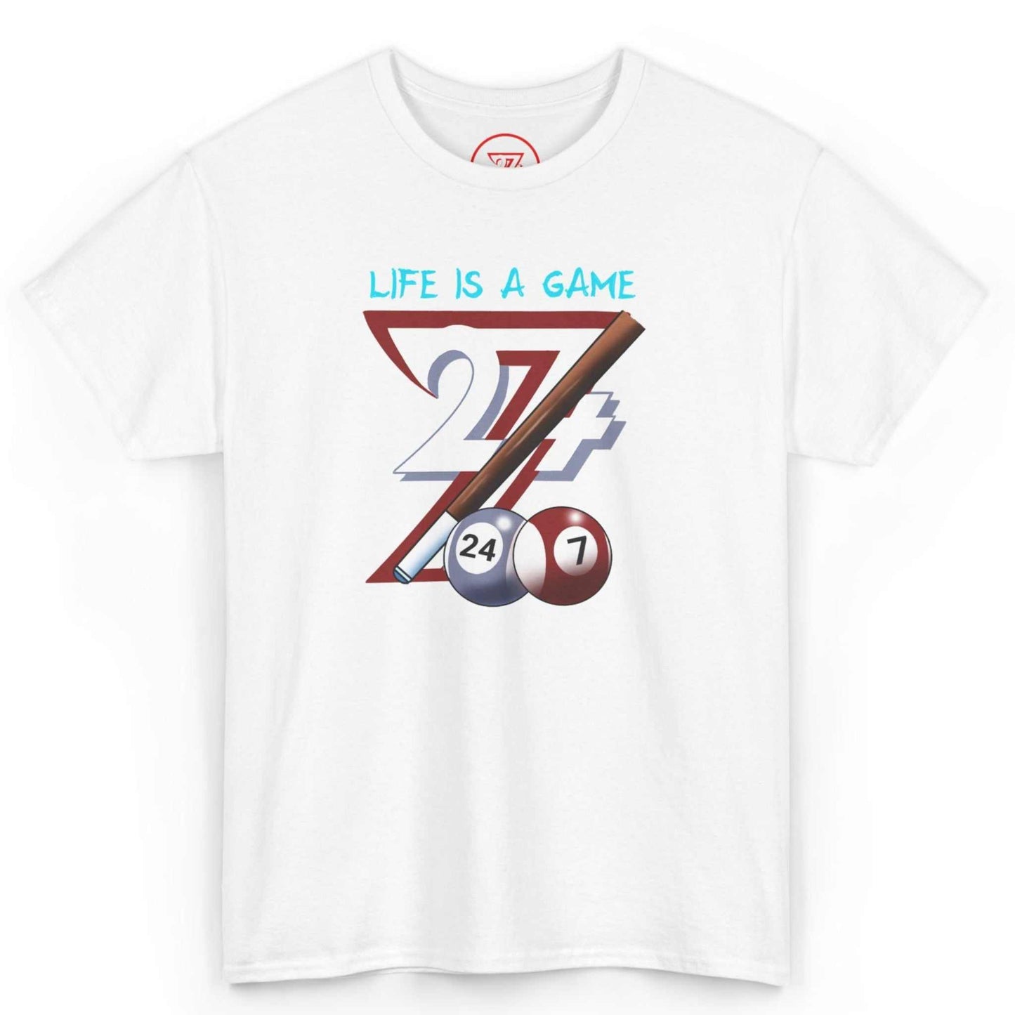 Front view of a crisp white billiards graphic tee featuring the dynamic pool cue illustration, laid flat on a clean background.