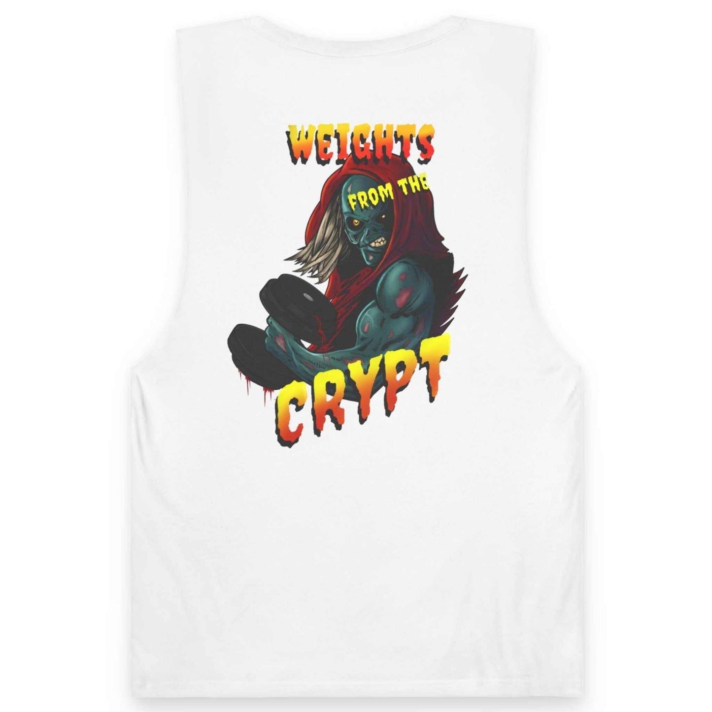 Back view of a white men's bodybuilding muscle tank showcasing the massive hand-drawn horror ghoul illustration.
