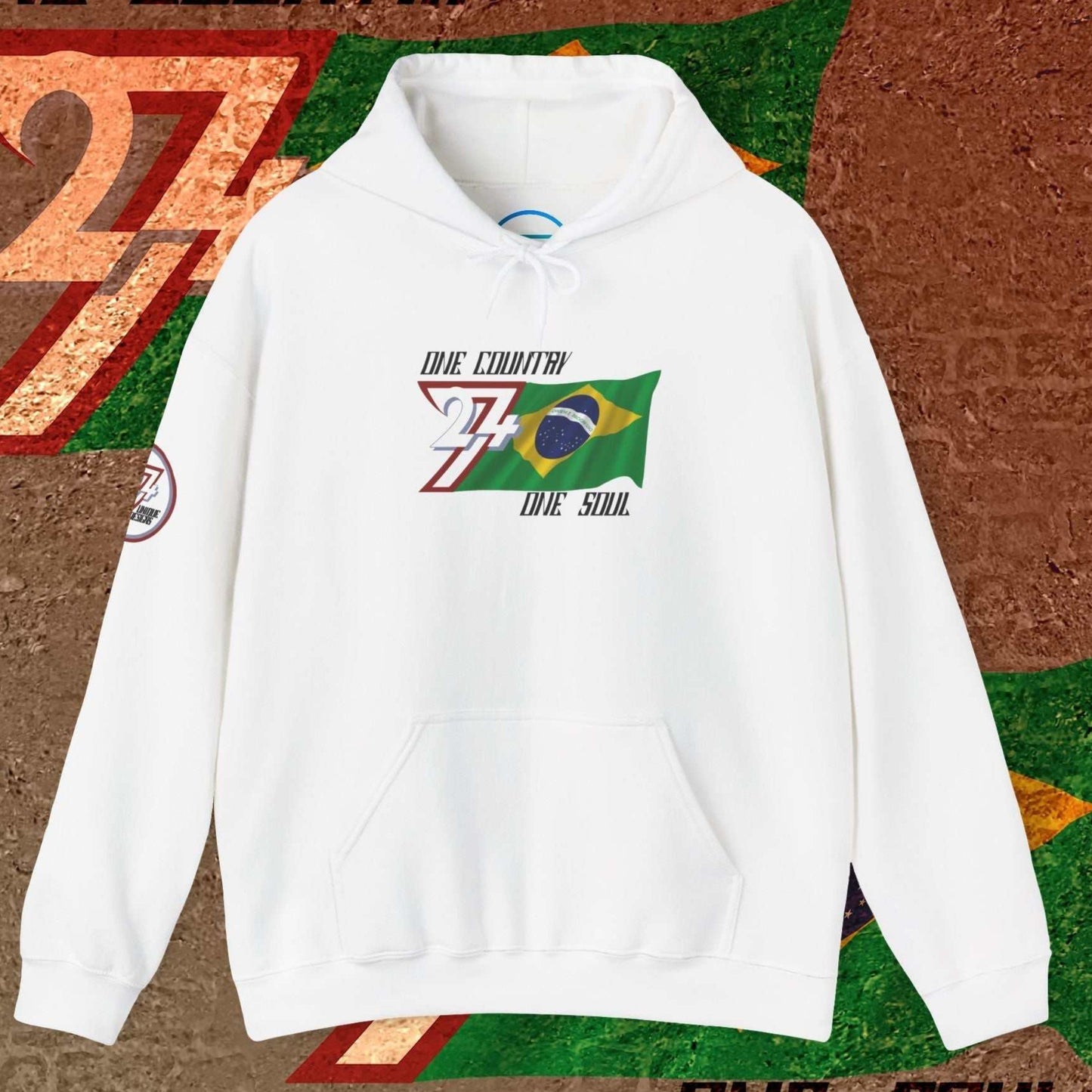 Premium White Brazil flag hoodie featuring the hand-drawn national flag and 24/7 branding.