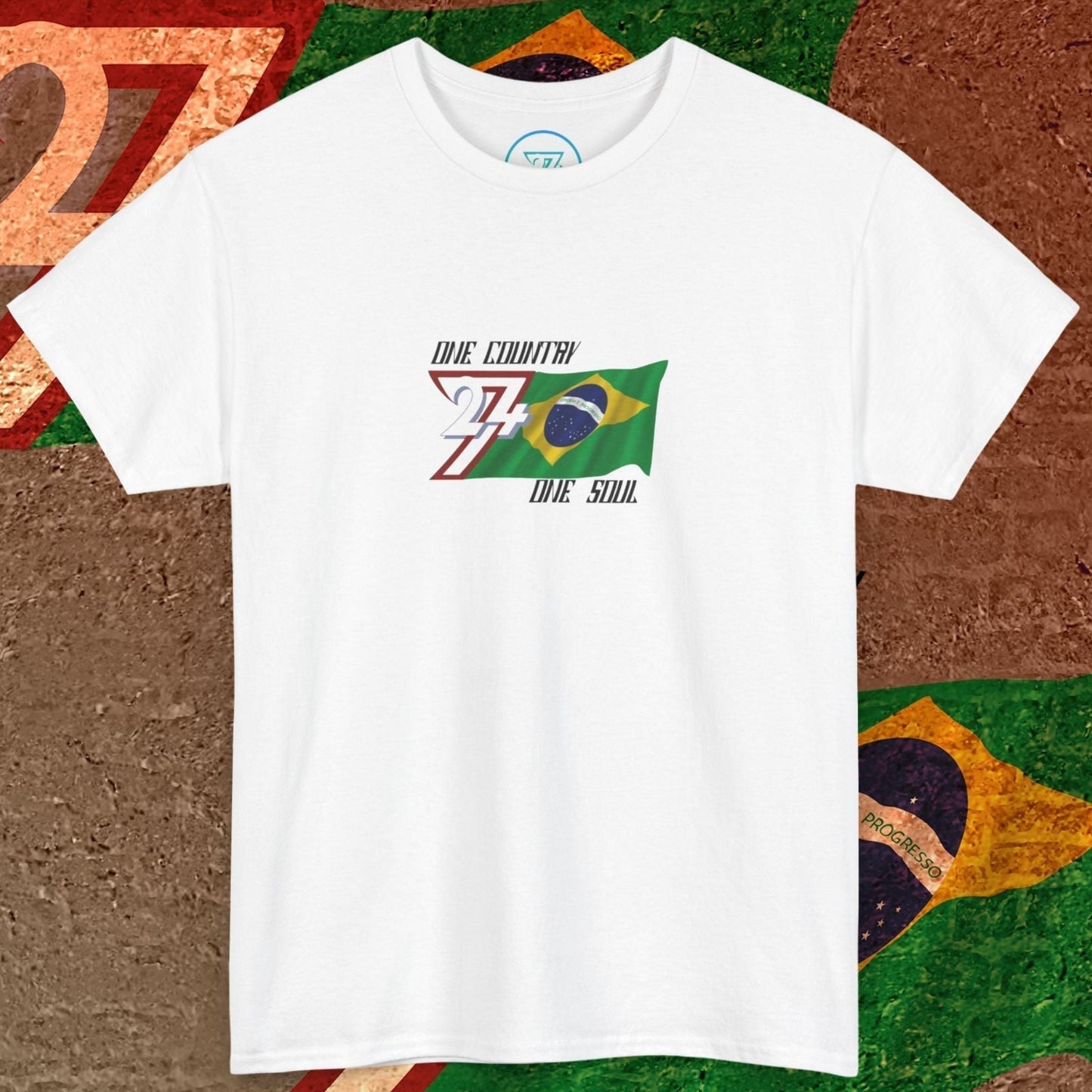 Full front view of the White Brazil flag t-shirt featuring a refined hand-drawn design and "One Country One Soul" slogan.